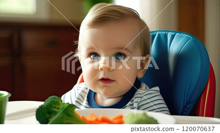 Baby food concept. a small handsome boy with blue eyes sits at the children's table, in front of him is healthy food, carrots, broccoli. Close-up. 120070637