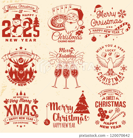 Set of Lucky Christmas casino night. Vintage print, logo, badge design with santa claus, casino dice, snowman, poker playing card, slot machines and sweet candy cane. Vector illustration. Set of Lucky Christmas casino night. Vintage print, logo, badge design with santa claus, casino dice, snowman, poker playing card, slot machines and sweet candy cane. Vector illustration. 120070642