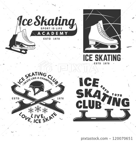 Set of Ice Skate club, academy logo, badge design. Concept for shirt or logo, print, stamp or tee with skate, skates blades and helmet . Winter sport. Vector illustration. 120070651