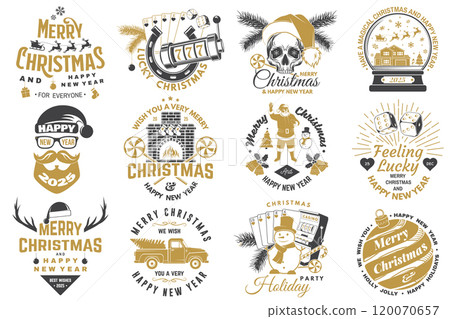 Set of Lucky Christmas casino night. Vintage print, logo, badge design with santa claus, casino dice, snowman, poker playing card, slot machines and sweet candy cane. Vector illustration. 120070657