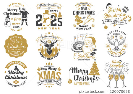 Set of Lucky Christmas casino night. Vintage print, logo, badge design with santa claus, casino dice, snowman, poker playing card, slot machines and sweet candy cane. Vector illustration. 120070658