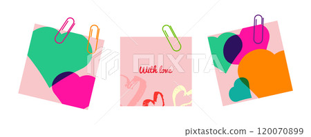 Valentines Day mockup scrapbook on white wall. For flyer store social media banner in pink tones. Chic color Border. Vector illustration. 120070899