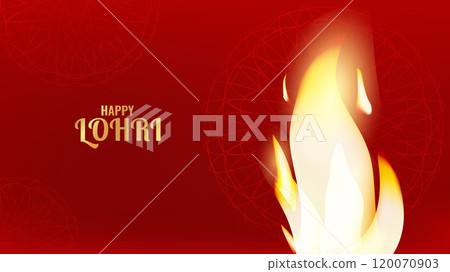 Happy Lohri Indian holiday festival. Magic of bright bonfire symbolizes warmth and generosity. Gratitude for harvest. Design invitation card banner poster. Vector illustration. 120070903