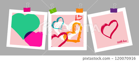 Valentines Day mockup scrapbook on gray wall. For flyer store social media banner in pink tones. Delicate Design. Vector illustration. 120070916