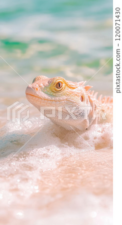 Iguana basking on sandy beach with ocean waves in the background, AI Generative 120071430