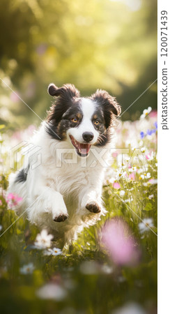 Joyful Border Collie Frolicking Through a Sunlit Flower Meadow, AI Generative 120071439