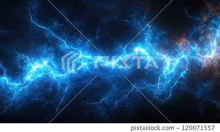 Electric blue lightning bolt on a dark stormy sky background, AI Generative Electric blue lightning bolt on a dark stormy sky background, AI Generative 120071557