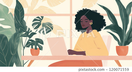 Woman working remotely from home office filled with plants, AI Generative Woman working remotely from home office filled with plants, AI Generative 120071559