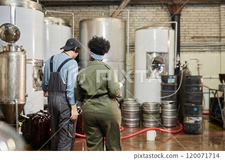 Rear view of diverse team of two cider factory workers inspecting production process on workshop floor with huge fermentation tanks at plant, copy space Rear view of diverse team of two cider factory workers inspecting production process on workshop floor with huge fermentation tanks at plant, copy space 120071714