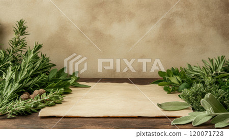 Fresh herbs with parchment and rustic background for culinary or herbal themes, AI Generative Fresh herbs with parchment and rustic background for culinary or herbal themes, AI Generative 120071728