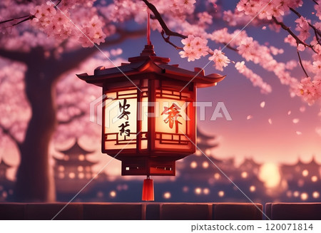 Serene japanese lantern glowing softly in evening light 120071814