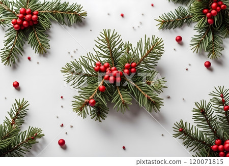 Composition of red holly berries and green branches on white background. Winter natural decoration. Botanical festive flat lay, top view. 120071815