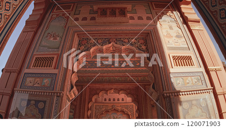 Jaipur, Rajasthan, India. Patrika Gate at Jawahar Circle. Interior inside, many Colorful ornament patterns on old walls. old Pink city 120071903