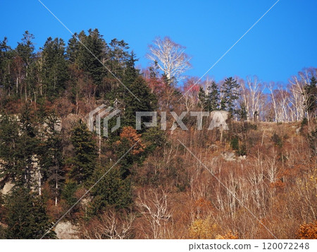 The mountains of Sounkyo lit up by the autumn foliage in late autumn The mountains of Sounkyo lit up by the autumn foliage in late autumn 120072248