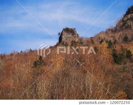 The mountains of Sounkyo lit up by the autumn foliage in late autumn The mountains of Sounkyo lit up by the autumn foliage in late autumn 120072250