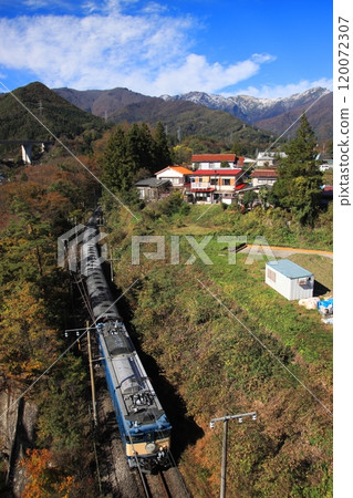 Rapid Gunma fin 4 train on the Joetsu Line with snow-capped Mount Tanigawa and beautiful autumn leaves_Photo taken on 11/10/2024 120072307