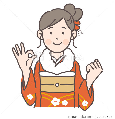 A woman in a furisode giving an OK sign 120072308