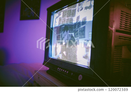 Television, display and entertainment in night, room and video in apartment, media and screen in home. Streaming, movies and empty in lounge, creative and dark for cinema, evening and technology 120072389