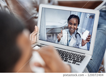 Leaving a positive impact on the patient. Shot of a young doctor showing thumbs up while holding a bottle of pills during a consultation with a patient on a laptop. 120072404