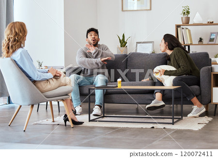 Argument, counseling or psychology with couple and therapist in office for conflict resolution. Angry, divorce or stress with psychologist talking to man and woman patient for relationship mediation 120072411