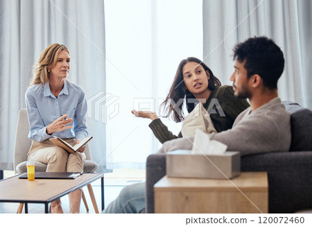 Argument, psychology or therapy with couple and counselor in office for conflict resolution. Divorce, unhappy or stress with psychologist talking to man and woman patient for relationship mediation Argument, psychology or therapy with couple and counselor in office for conflict resolution. Divorce, unhappy or stress with psychologist talking to man and woman patient for relationship mediation 120072460