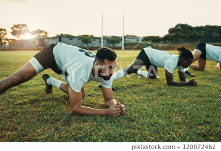 To be a great rugby player, you have to put in the work. Cropped shot of a group of young rugby players training on the field during the day. To be a great rugby player, you have to put in the work. Cropped shot of a group of young rugby players training on the field during the day. 120072462