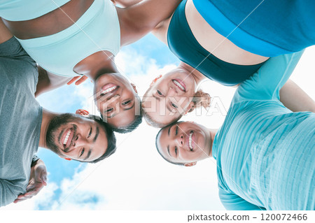 Portrait, fitness and group in circle for teamwork, support or motivation to exercise below. Face, smile and sports friends together in huddle for cooperation, diversity and people with goal outdoor 120072466