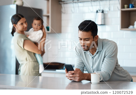 Phone, family and father ignore mother, child and neglect in home kitchen. Mobile, internet addiction and dad with baby, mom or distracted parent scroll social media for phubbing problem or bad habit 120072529