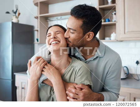 Couple, kiss and hug in kitchen together for intimate moment, funny joke and connection in home. People, laughing and embrace in house with bonding, commitment and romance in relationship with love Couple, kiss and hug in kitchen together for intimate moment, funny joke and connection in home. People, laughing and embrace in house with bonding, commitment and romance in relationship with love 120072565