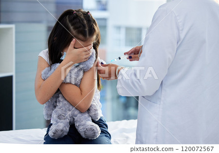 Is it done yet. Shot of a scared little girl getting a vaccination in a hospital. 120072567