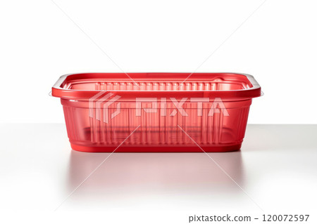 Empty plastic food box isolated on white background. Transparent plastic box. 120072597
