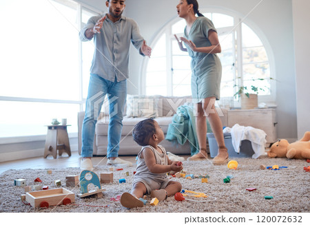Frustrated couple, baby and fight with argument for chaos, childhood trauma or conflict in living room dispute at home. Upset, man and woman with child listening to parents in disagreement at house 120072632