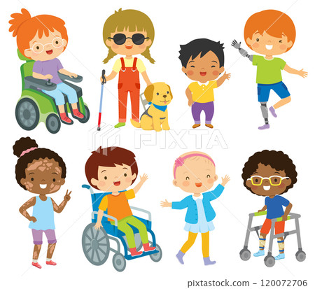 Diverse Kids with Disabilities and Physical Conditions. Inclusivity and Diversity Concept. Diverse Kids with Disabilities and Physical Conditions. Inclusivity and Diversity Concept. 120072706