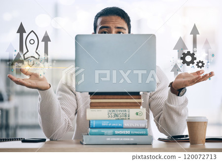 Business, man and choice with arrows in office for hologram, production growth and books inflation. Male accountant, laptop and product launch with development, investment profit and solution process 120072713