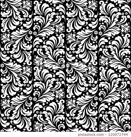 Wallpaper in the style of Baroque. Seamless vector background. White and black floral ornament. Graphic pattern for fabric, wallpaper, packaging. Ornate Damask flower ornament. Wallpaper in the style of Baroque. Seamless vector background. White and black floral ornament. Graphic pattern for fabric, wallpaper, packaging. Ornate Damask flower ornament. 120072744