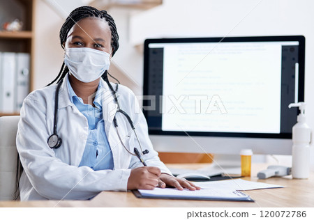 Theres no compromising on the standard of healthcare she delivers. Portrait of a young doctor writing notes while working in her office. Theres no compromising on the standard of healthcare she delivers. Portrait of a young doctor writing notes while working in her office. 120072786