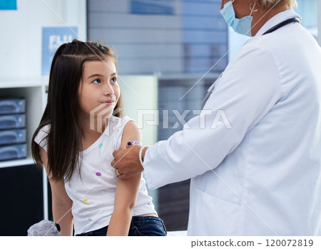 That wasnt so bad. Shot of a little girl getting a vaccination by a doctor in a hospital. That wasnt so bad. Shot of a little girl getting a vaccination by a doctor in a hospital. 120072819