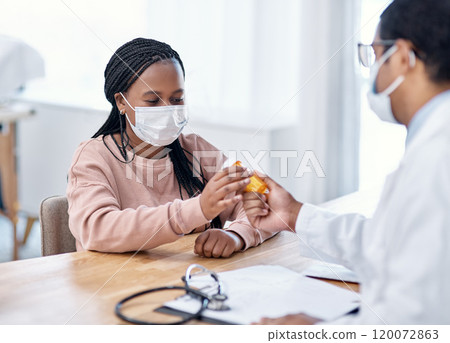 Getting a dose of antibiotics for her illness. Shot of a young woman receiving medication from a doctor during a consultation. Getting a dose of antibiotics for her illness. Shot of a young woman receiving medication from a doctor during a consultation. 120072863