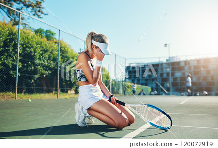 If you dont fall, how will you know what getting up is like. Shot of a sporty young woman covering her face in disappointment on a tennis court. If you dont fall, how will you know what getting up is like. Shot of a sporty young woman covering her face in disappointment on a tennis court. 120072919