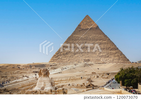 The Sphinx and Pyramid against the background of a beautiful blue sky ,Cairo,Egypt The Sphinx and Pyramid against the background of a beautiful blue sky ,Cairo,Egypt 120073070