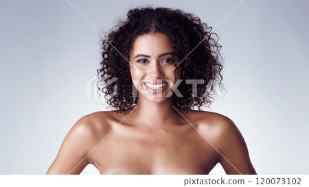 I look this happy when I drop it all off. Studio portrait of a sexy young woman posing nude with her hands on her hips against a grey background. I look this happy when I drop it all off. Studio portrait of a sexy young woman posing nude with her hands on her hips against a grey background. 120073102