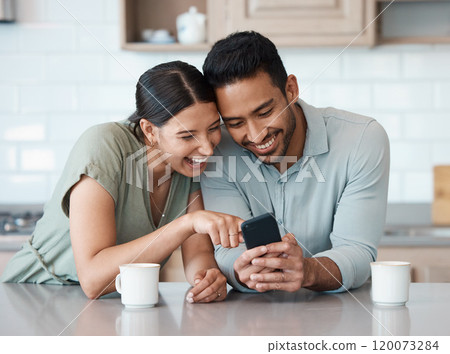 Reading, pointing and couple with smartphone, home and notification of email, kitchen and shock. Surprised, digital and good news for people, alert and communication for win, lottery and morning Reading, pointing and couple with smartphone, home and notification of email, kitchen and shock. Surprised, digital and good news for people, alert and communication for win, lottery and morning 120073284
