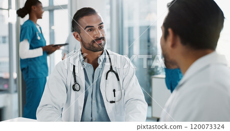 Meeting, talking and doctors in office at hospital for planning medical diagnosis, treatment or surgery. Discussion, interview and healthcare worker with board director at clinic for feedback. 120073324