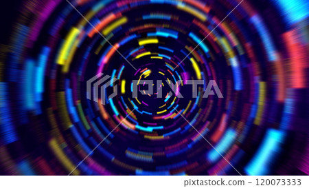 Abstract colorful glowing dynamic futuristic neon VJ tunnel made with lines moving at a high speed. Defocussed digital rotating circular light shape coming towards the viewer.  120073333