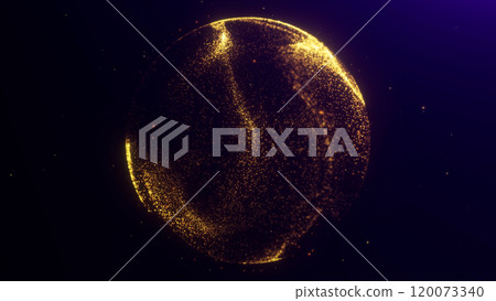 Abstract luxury sphere of golden shiny energy particles rotating in space. Plasma orb of shimmering fractals of magical aura waves. Elegant glowing minimalist dynamic background. Abstract luxury sphere of golden shiny energy particles rotating in space. Plasma orb of shimmering fractals of magical aura waves. Elegant glowing minimalist dynamic background. 120073340