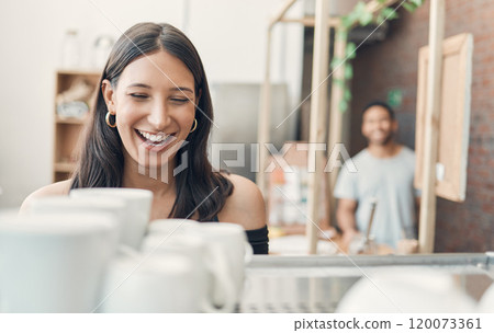 Cafe, small business and woman with coffee machine for drink, espresso and matcha latte for preparation. Restaurant, female person and barista with laughing for joke, customer service and hospitality Cafe, small business and woman with coffee machine for drink, espresso and matcha latte for preparation. Restaurant, female person and barista with laughing for joke, customer service and hospitality 120073361