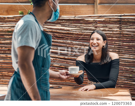 Man, waiter and coffee shop with woman for customer service, beverage and small business in bistro. People, hospitality and industry as barista, entrepreneur or employee with mask as restaurant staff 120073363