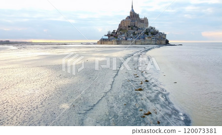Aerial Views of Mont Saint Michel, Normandy, France 120073381