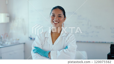 Classroom, professor and happy woman in portrait for science, pride and teaching for medical topic. University, female person and teacher with arms crossed for lecture, laboratory session or learning 120073382