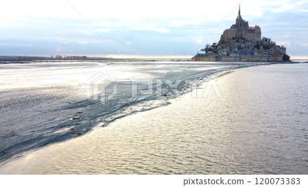 Mont Saint Michel at Low Tide with Scenic Landscape Mont Saint Michel at Low Tide with Scenic Landscape 120073383